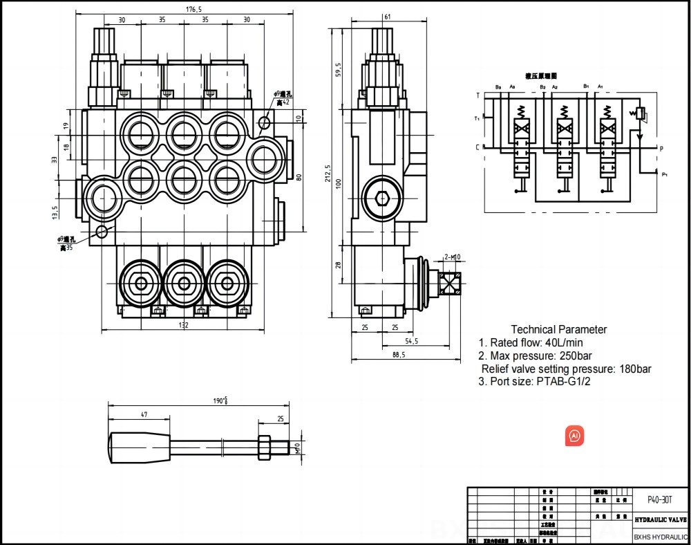 P40 Manual 3 carretéis Válvula direcional monobloco drawing image