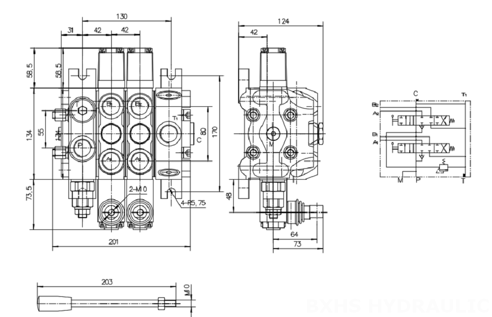 DCV100 Manual 2 carretéis Válvula direcional seccional drawing image