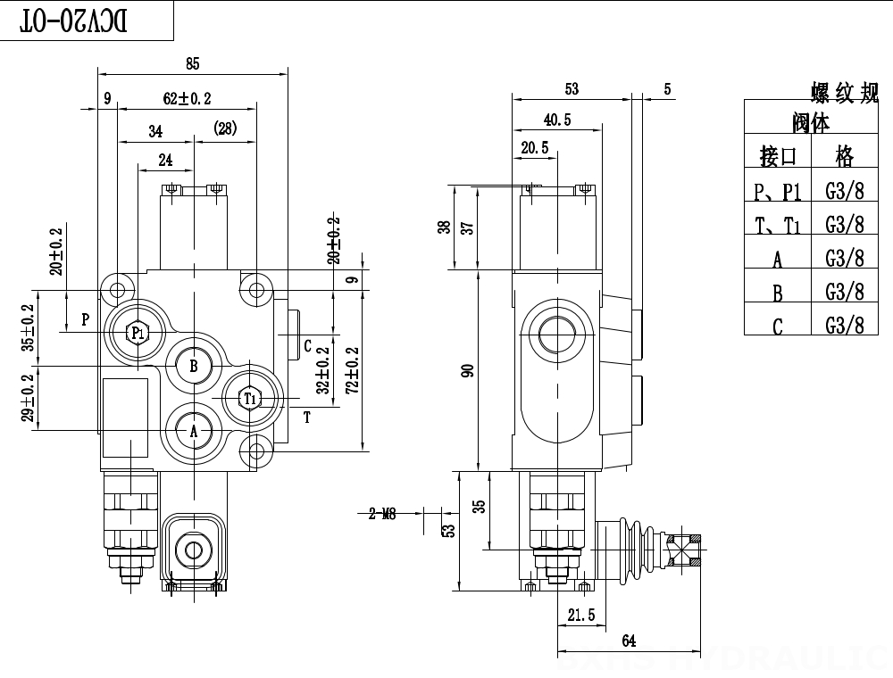 DCV20 Manual 1 carretel Válvula direcional monobloco drawing image