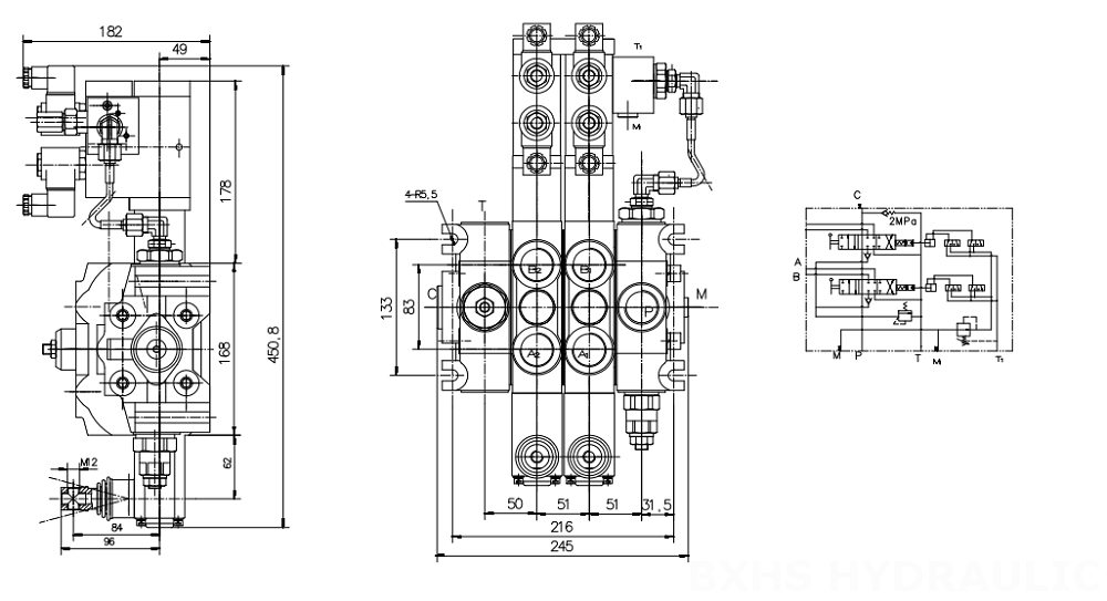 DCV200 Eletrohidráulico 2 carretéis Válvula direcional seccional drawing image