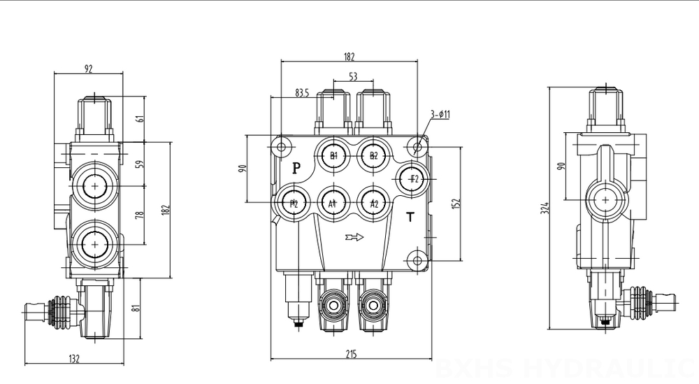 P120 Manual 2 carretéis Válvula direcional monobloco drawing image