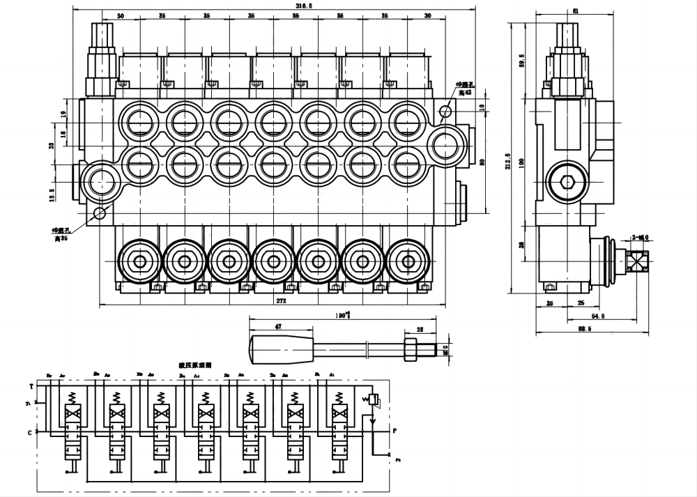 P40-G12-7OT Manual 7 carretéis Válvula direcional monobloco drawing image