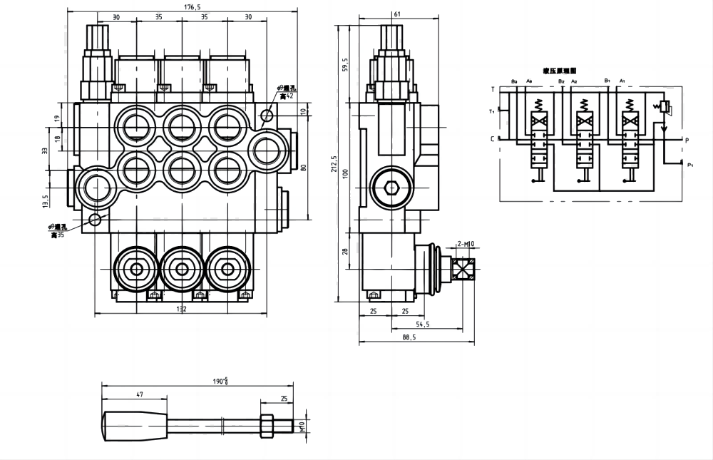 P40-G12-OT Manual 3 carretéis Válvula direcional monobloco drawing image