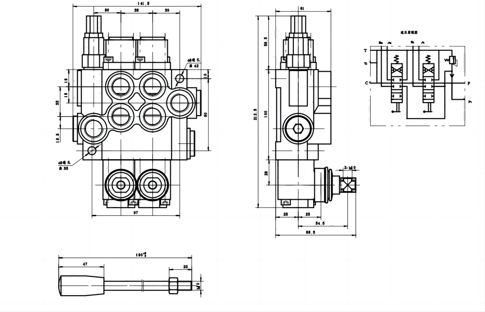 P40-G12-2OT Manual 2 carretéis Válvula direcional monobloco drawing image