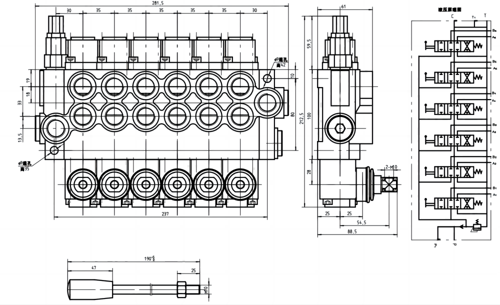 P40-G12-G38 Manual 6 carretéis Válvula direcional monobloco drawing image