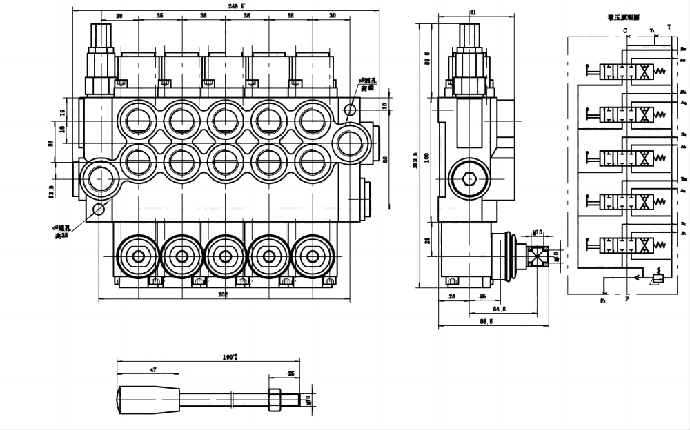 P40-U78 Manual 5 carretéis Válvula direcional monobloco drawing image