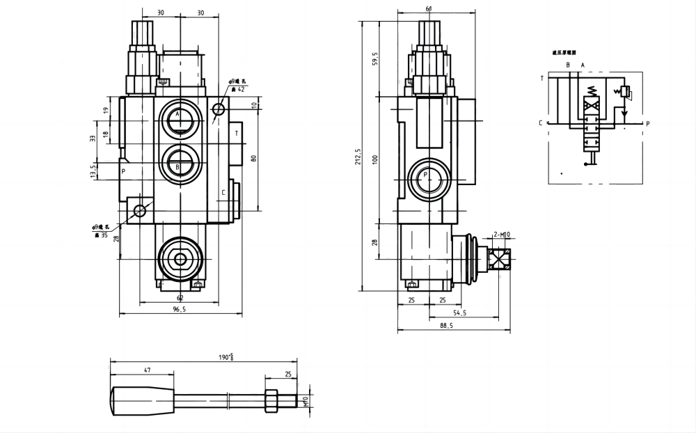 P40-OT Manual 1 carretel Válvula direcional monobloco drawing image