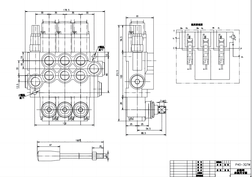 P40-G12-G38-3QTW Manual 3 carretéis Válvula direcional monobloco drawing image