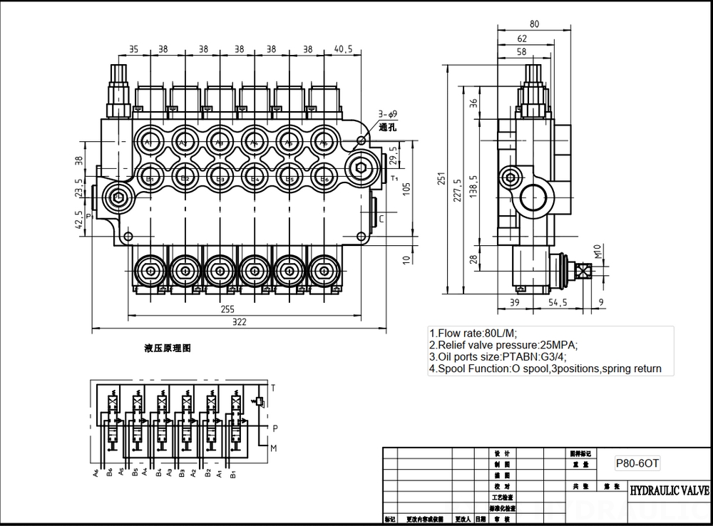 P80-G12-G34-6OT Manual 6 carretéis Válvula direcional monobloco drawing image