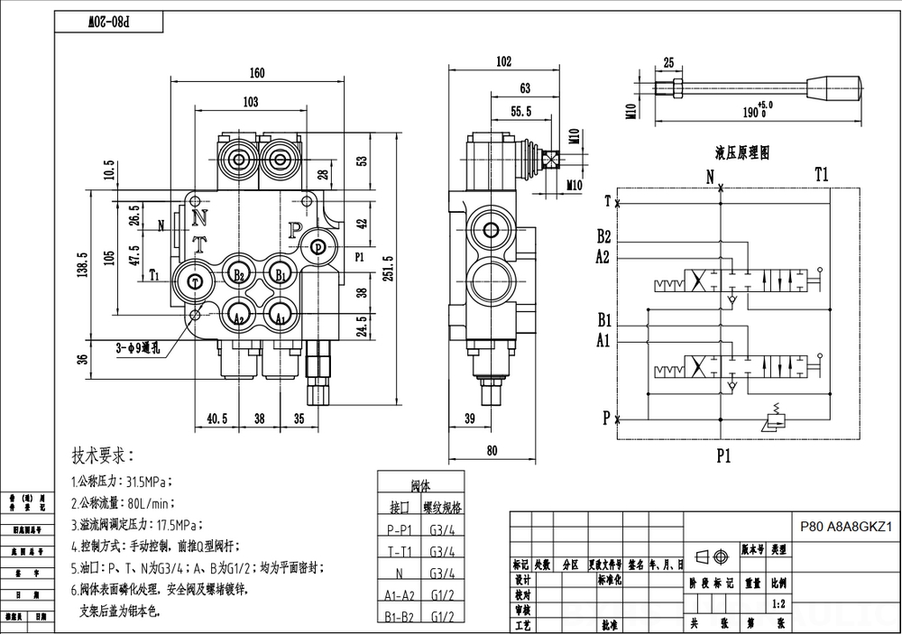 P80-G12-G34-OW Manual 2 carretéis Válvula direcional monobloco drawing image