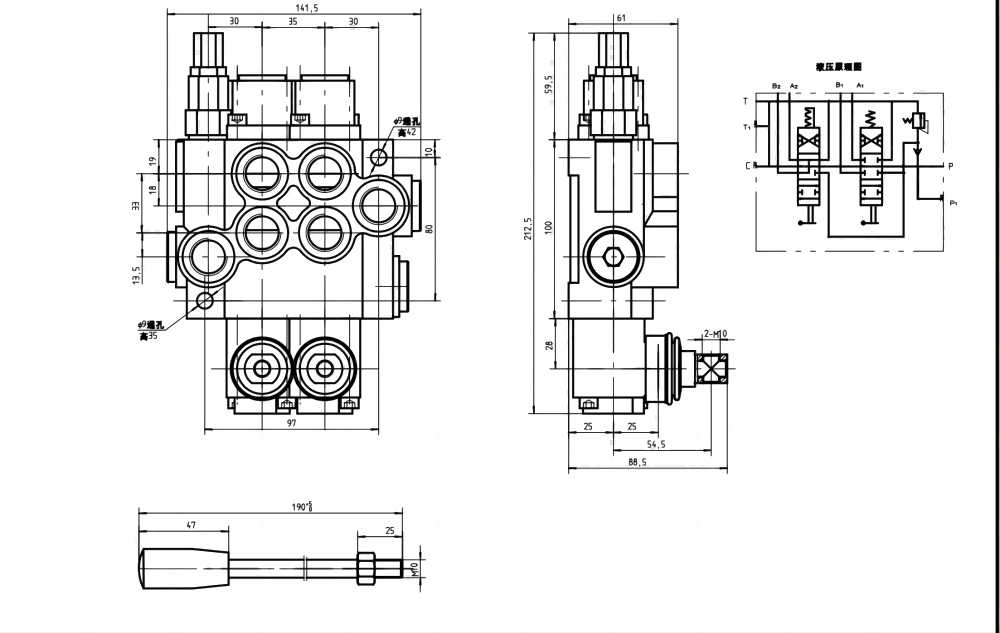 P40-U78-U34-OT-YW Manual 2 carretéis Válvula direcional monobloco drawing image