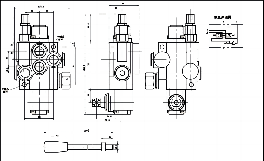 P40J Manual 1 carretel Válvula direcional monobloco drawing image