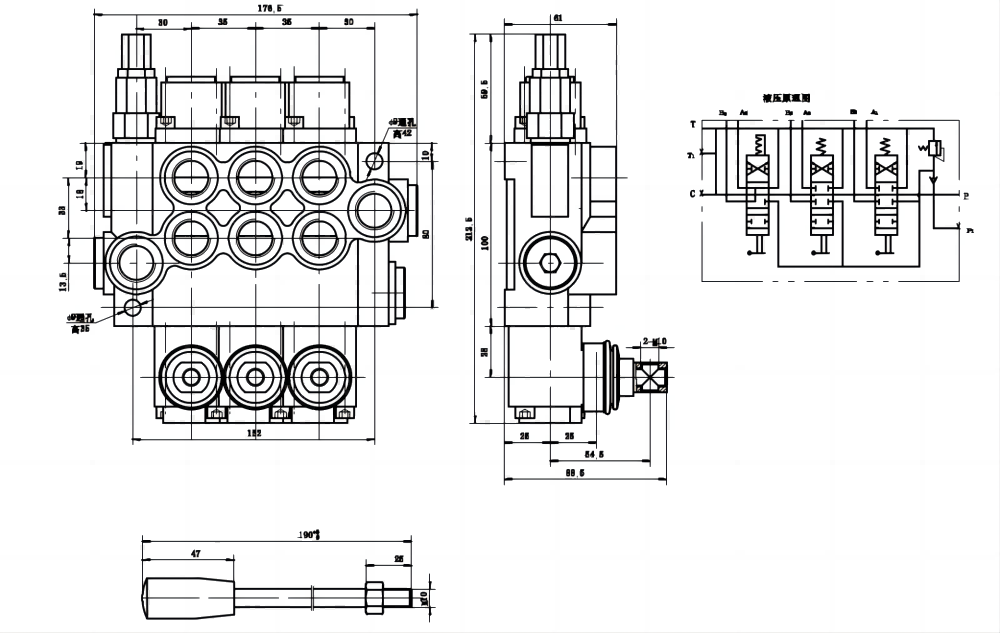 P40-U78-U34-2OT-YW Manual 3 carretéis Válvula direcional monobloco drawing image