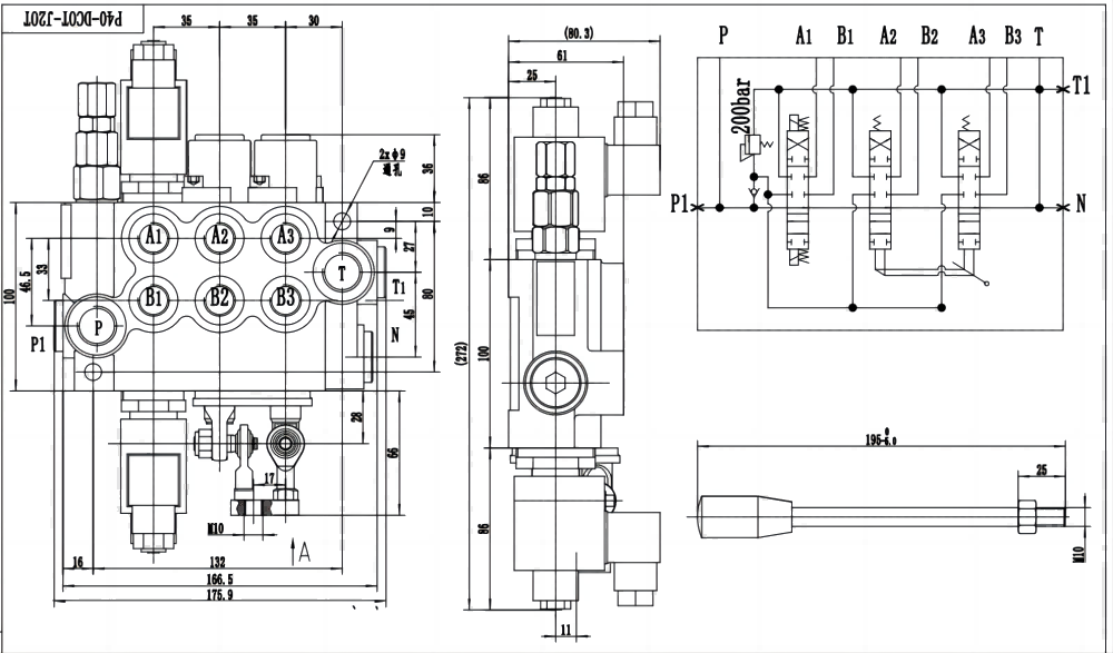 P40 Solenoide e Joystick 3 carretéis Válvula direcional monobloco drawing image