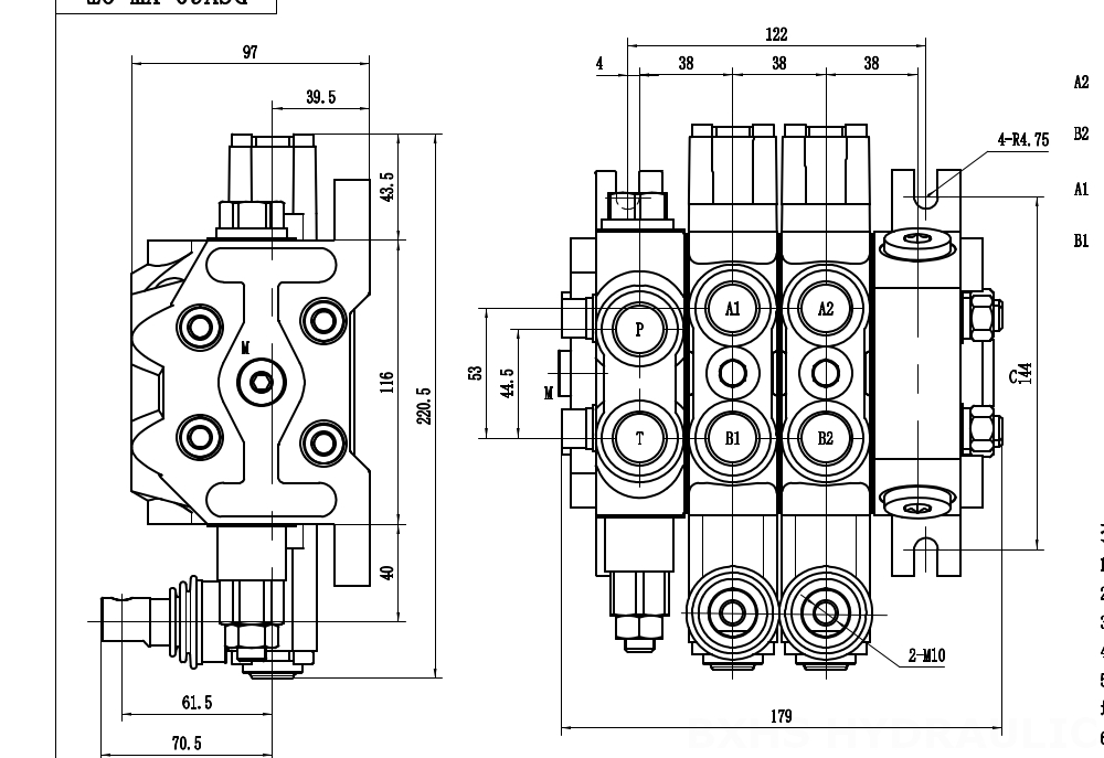 DCV60-Double control Manual 2 carretéis Válvula direcional seccional drawing image