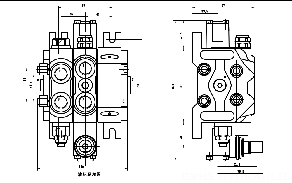 DCV60-G34 Hidráulico 1 carretel Válvula direcional seccional drawing image