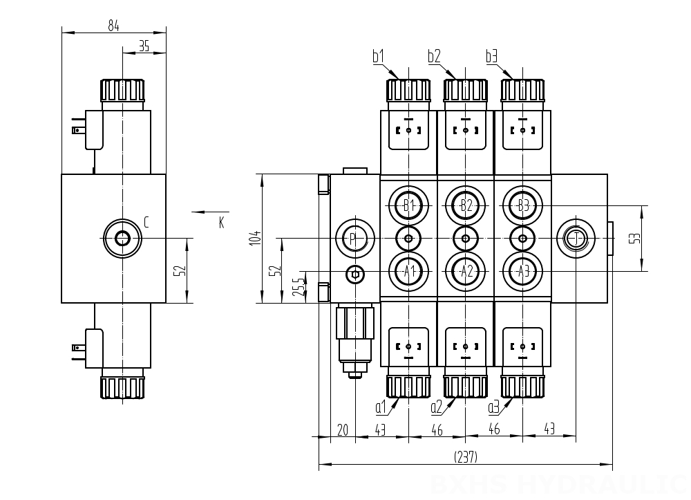 DCV58 Solenoide 3 carretéis Válvula direcional seccional drawing image