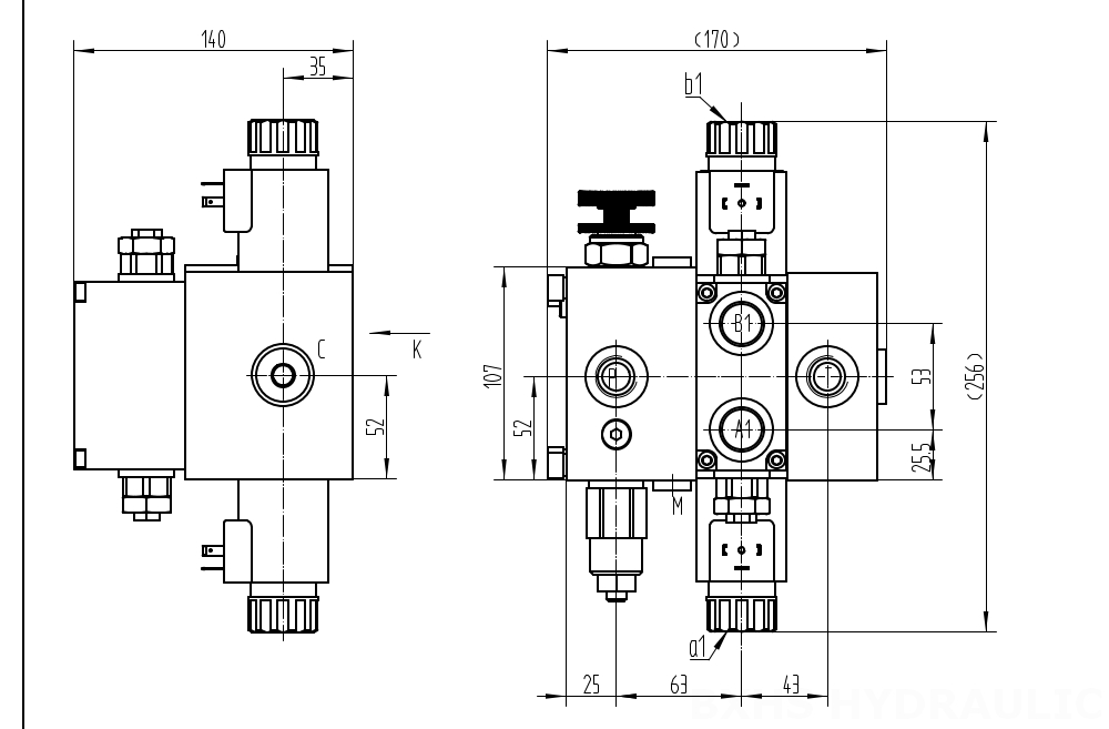 DCV58F Solenoide 1 carretel Válvula direcional seccional drawing image