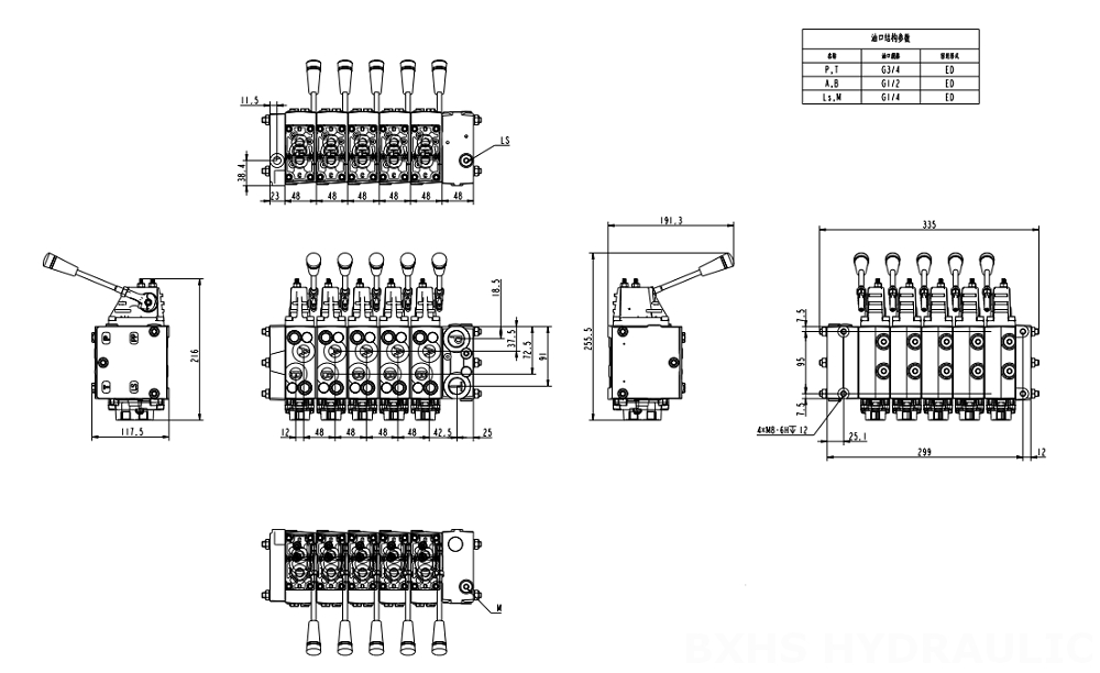 HSDSL Proporcional elétrico e manual 6 carretéis Válvula de controle proporcional drawing image