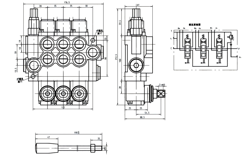 P40-G12 Manual 3 carretéis Válvula direcional monobloco drawing image