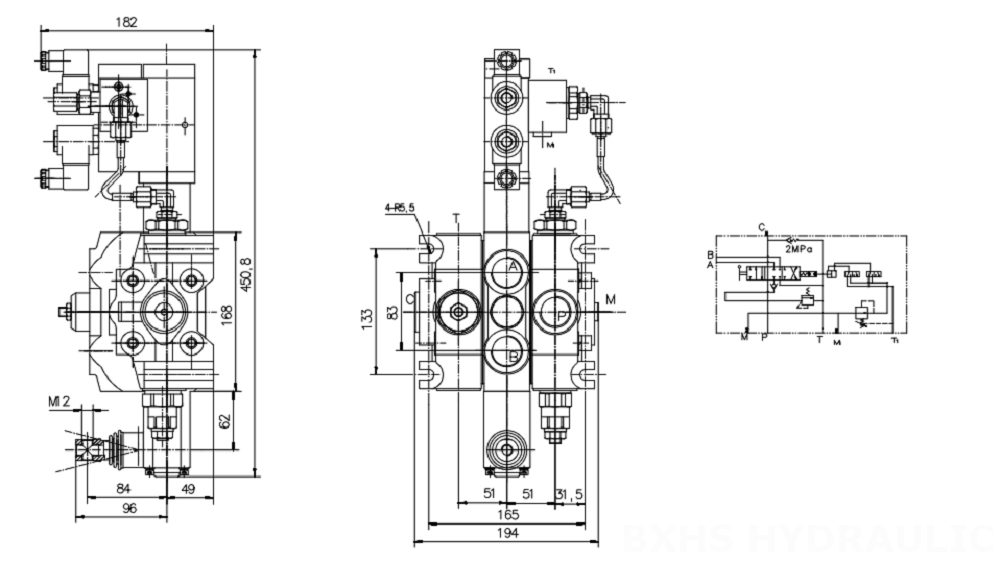 DCV200 Eletrohidráulico 1 carretel Válvula direcional seccional drawing image