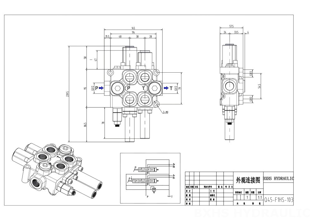 Q45 Manual 2 carretéis Válvula direcional monobloco drawing image