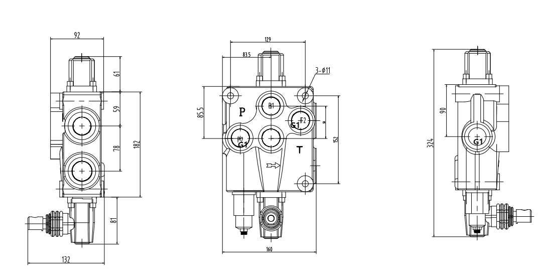 P120-G1 Manual 1 carretel Válvula direcional monobloco drawing image