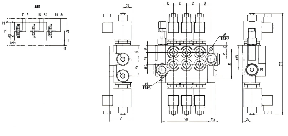 P40-DKL Solenoide 3 carretéis Válvula direcional monobloco drawing image