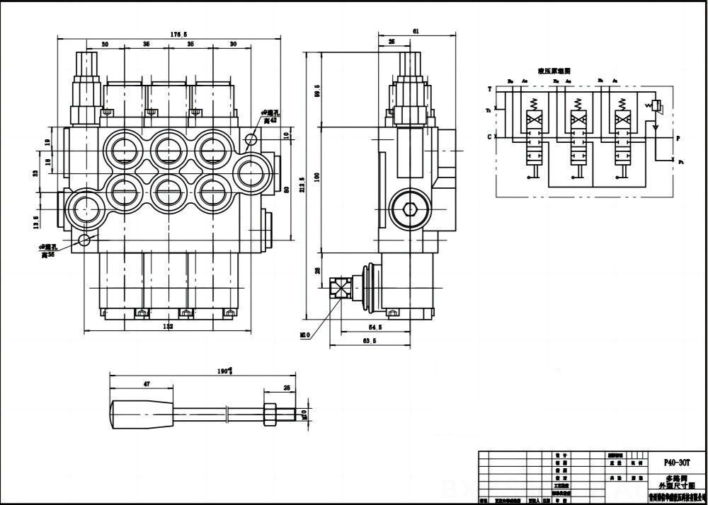 P40-G12-G38 Manual 3 carretéis Válvula direcional monobloco drawing image