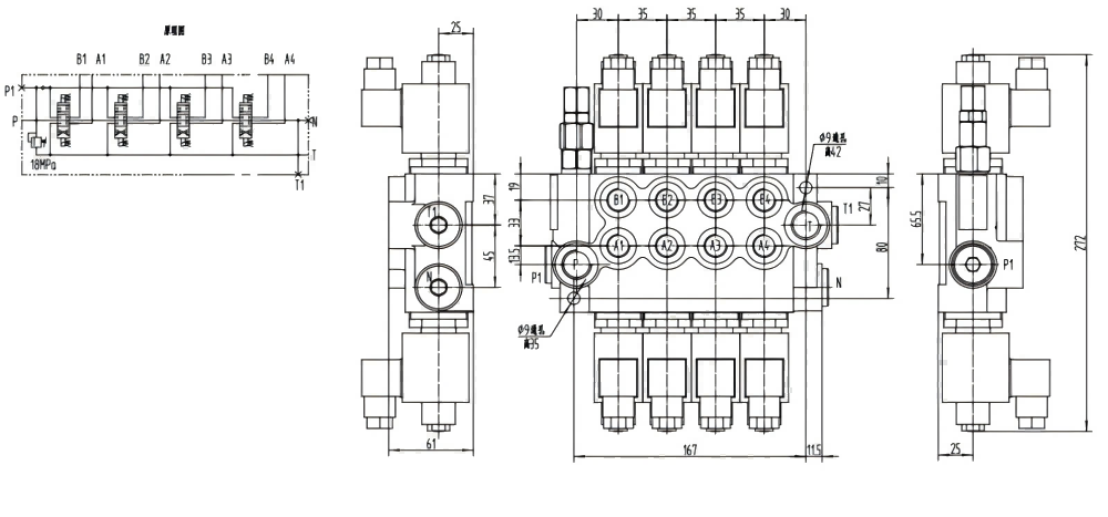 P40-DKL Solenoide 4 carretéis Válvula direcional monobloco drawing image