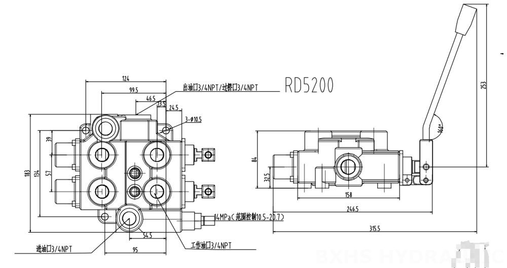 RD5200-OU2 Manual 2 carretéis Válvula de Controle Hidráulico drawing image