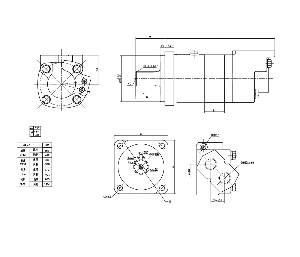 BM6_Motor Hidráulico Cicloide 195 cc/r 150 Lpm Motor Hidráulico drawing image