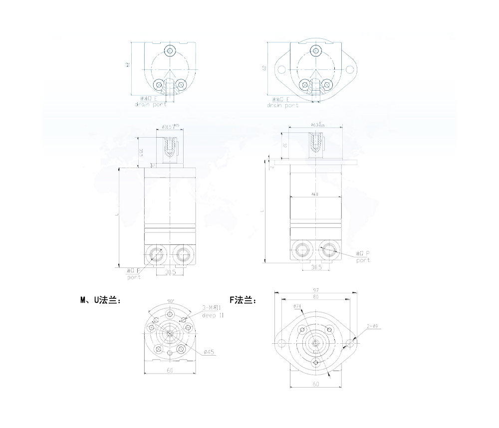 Motor Hidráulico Cicloidal BMM 8 cc/r 14 Lpm Motor Hidráulico drawing image