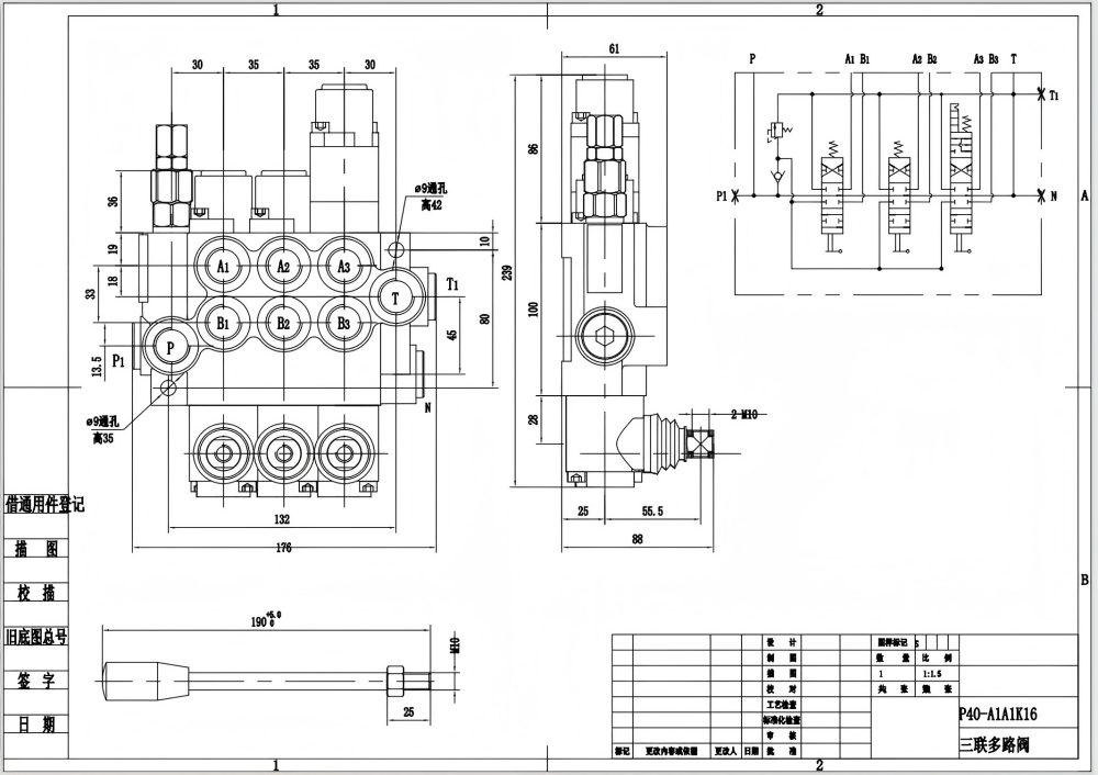 P40-G12-G38-2OT-QTW1 Manual 3 carretéis Válvula Direcional Monobloco drawing image