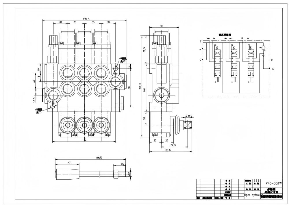 P40-G38-G12-QTW Manual 3 carretéis Válvula Direcional Monobloco drawing image