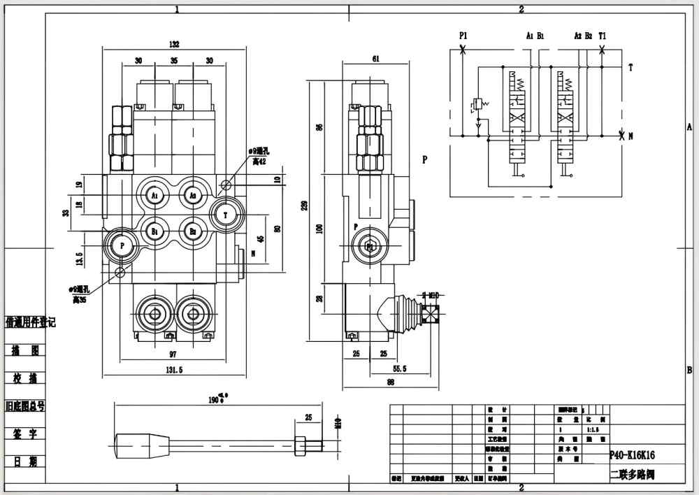 P40-G12-G38-2QTW1 Manual 2 carretéis Válvula Direcional Monobloco drawing image