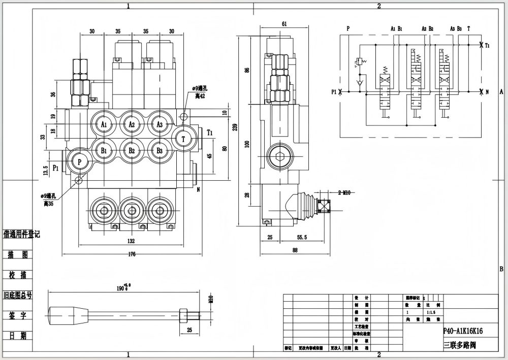 P40-G12-G38-OT-2QTW1 Manual 3 carretéis Válvula Direcional Monobloco drawing image