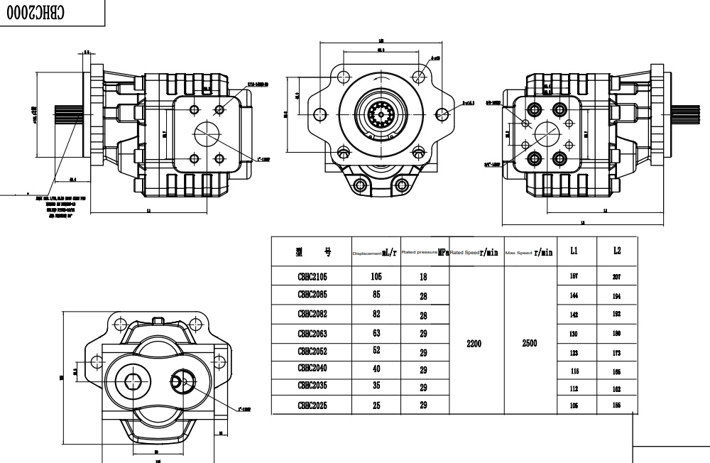 CBHC-2082 82 cc/rev 28 MPa (4061 psi) Bomba de engrenagem hidráulica drawing image