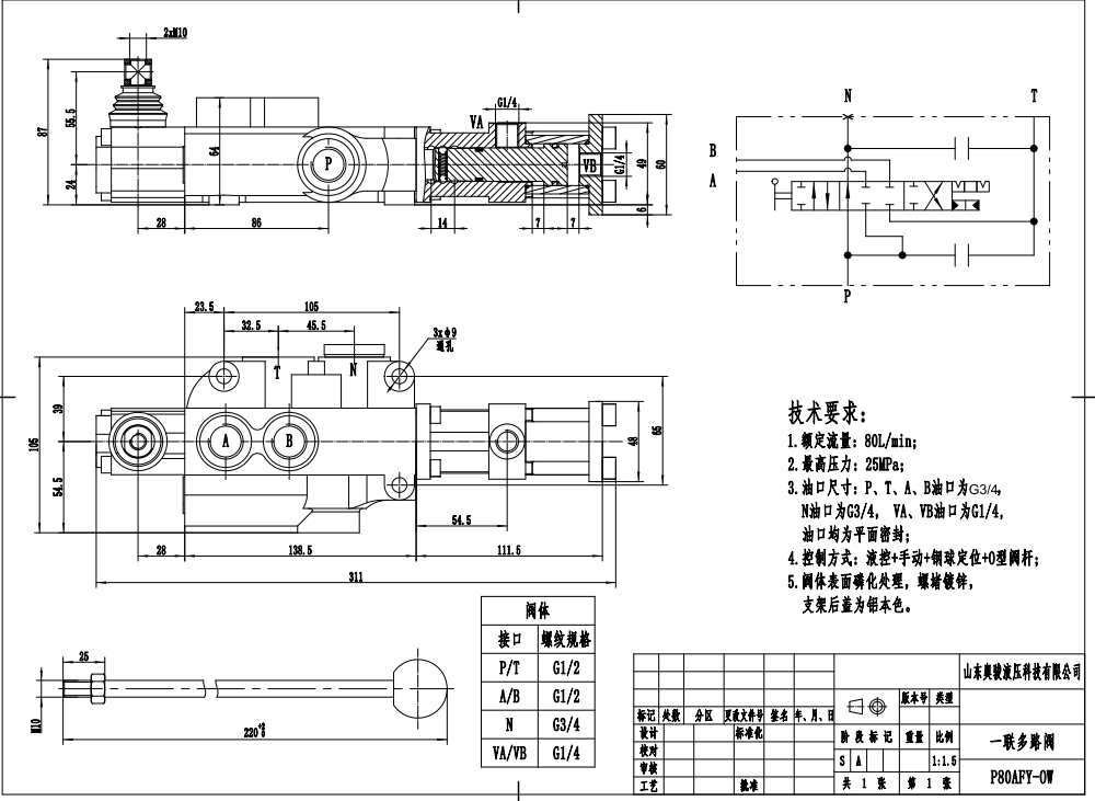 P80F-G34 Hidráulico 1 carretel Válvula Direcional Monobloco drawing image
