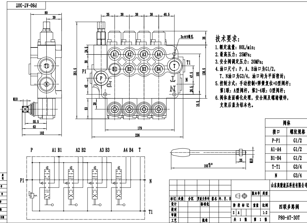 P80-G34-G12-AT-3OT Manual 4 carretéis Válvula Direcional Monobloco drawing image