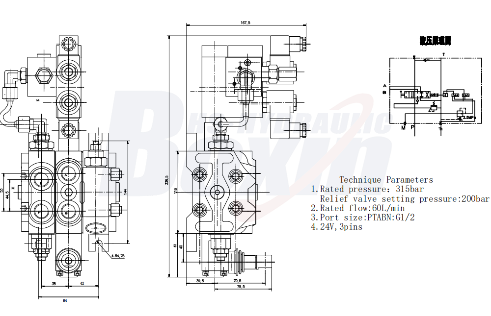 1 Spool DCV60 Electro-hydraulic Sectional Valve for Mobile Hydraulics drawing image
