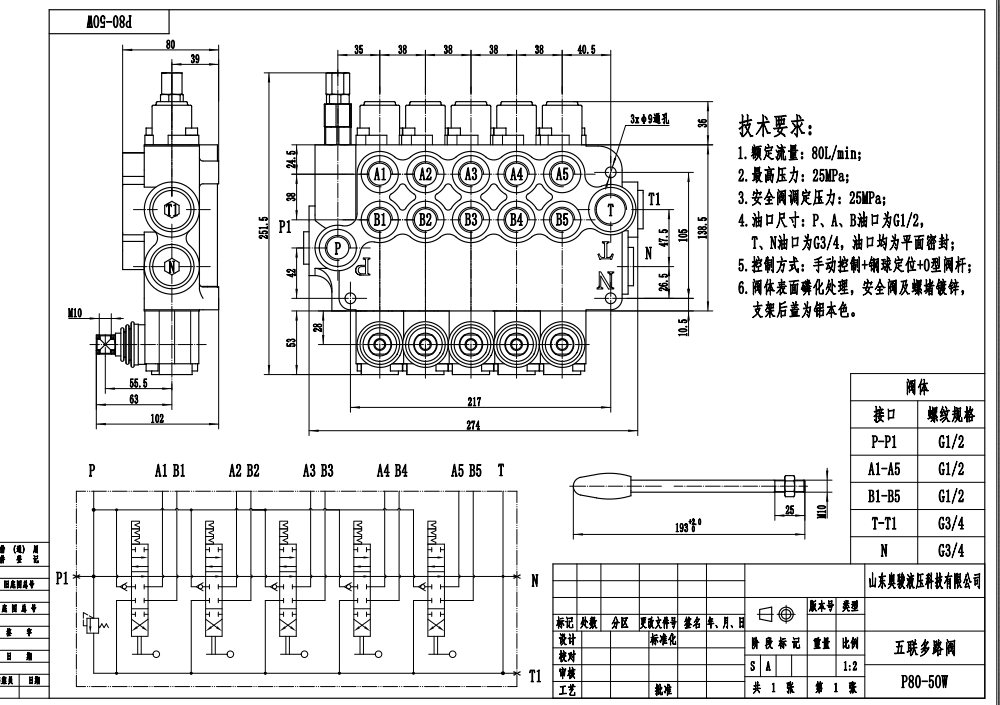 P80-G12-G34-OW Manual 5 Carreteis Válvula Direcional Monobloco drawing image
