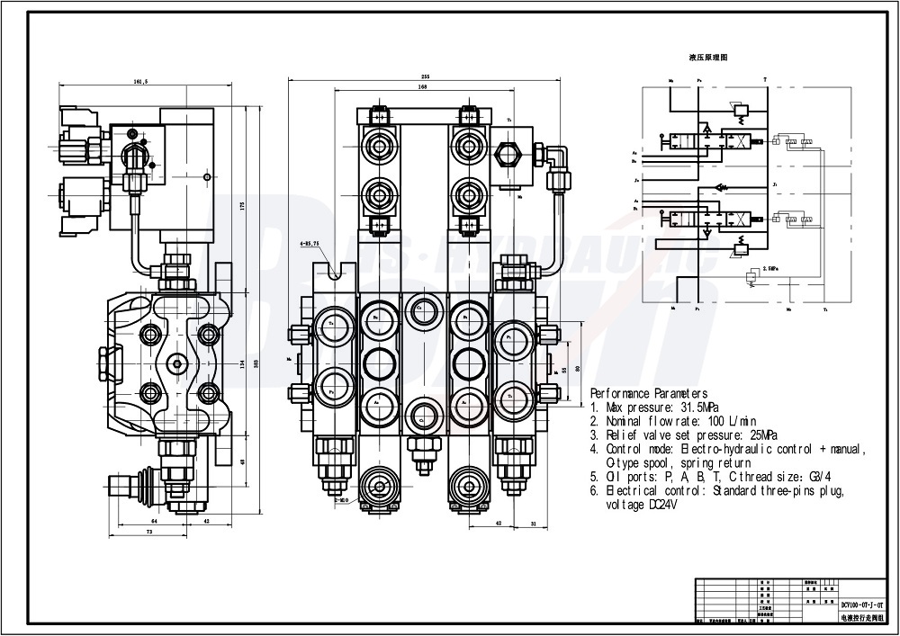 Electro-Hydraulic 3 Spool Sectional Directional Valve DCV100-OT-J-OT drawing image